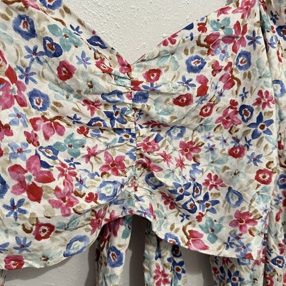Zara Womens S White Linen Blend Floral Printed Blouse Top Puff Sleeve Tie Back - Picture 7 of 13